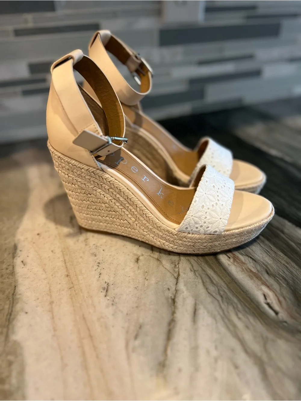 Copper Key Cream and Tan Espadrille Wedge Sandals with Ankle Strap